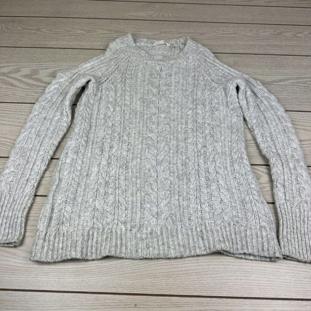 Soft Surroundings  Cozy Cold Shoulder Sweater Gray white Cable‎ Knit Sz XS EUC